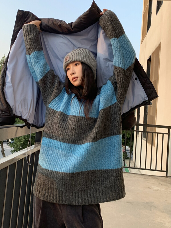 【ONIVINTAGE】V-neck pullover striped sweater warm sweater OYW226N6667# CQW