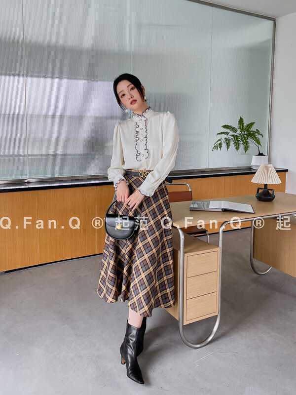 [Qi Fan] High waist all-match plaid fashion skirt (with belt) F8113# JHY