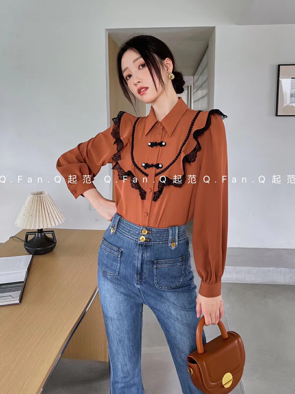 【Qi Fan】Retro buckle long-sleeved shirt with heavy industry splicing wooden ears (only sell shirt) F80325# JHY