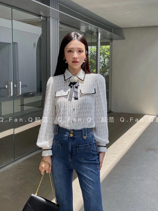 Original price 102.99! 【Qi Fan】Lace Contrast Patch Pocket Shirt (with detachable rose) F80310# JHY