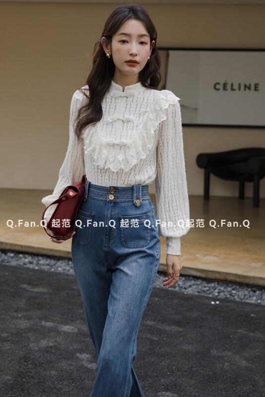 [Qifan] Plush velvet lace new Chinese style buckle shirt 80357# JHY