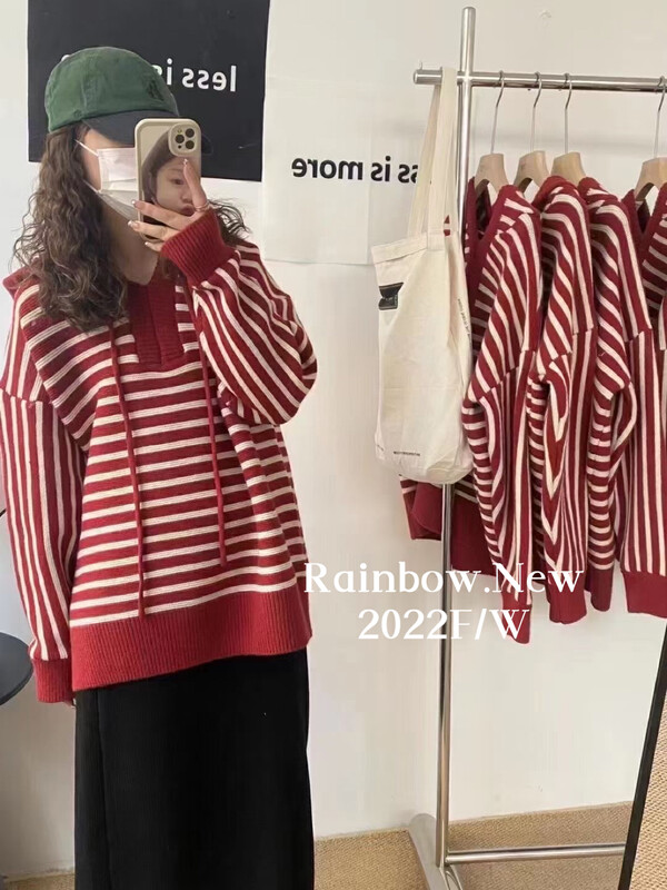 [RAINBOW] hooded all-match color contrast striped loose sweater 666909