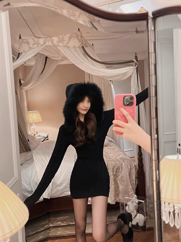 【X·H STUDIO】Slim Korean version of fashionable temperament Western style all-match thin design knit hooded woolen dress 66188# OZQ