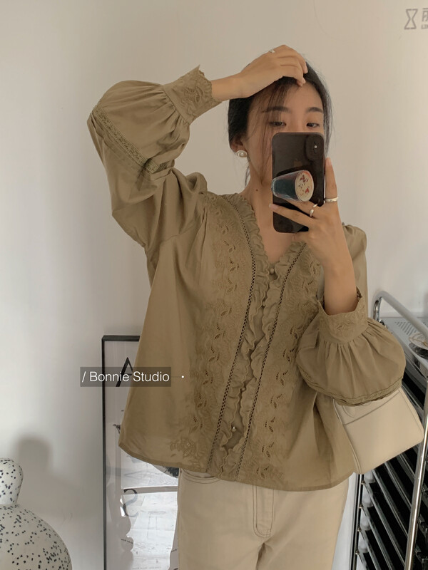 【BONNIE】embroidered jacquard temperament long-sleeved shirt 2686# XJ