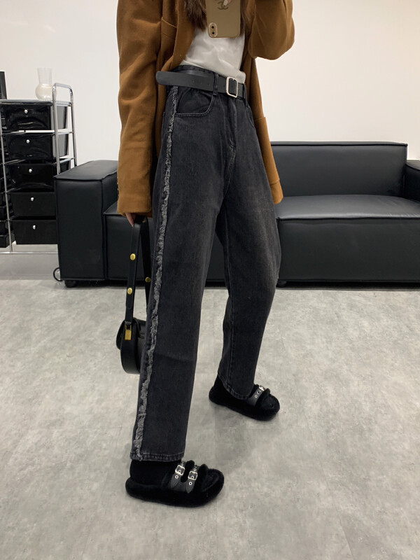 【VANESSA】Straight-leg wide-leg jeans with flocking edge (with belt) 8563# OZQ