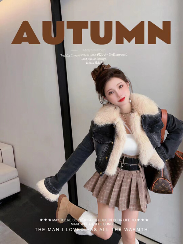 【X·H STUDIO】Korean style long-sleeved all-match denim jacket (with rabbit fur liner/real fox fur collar) 6423# OZQ