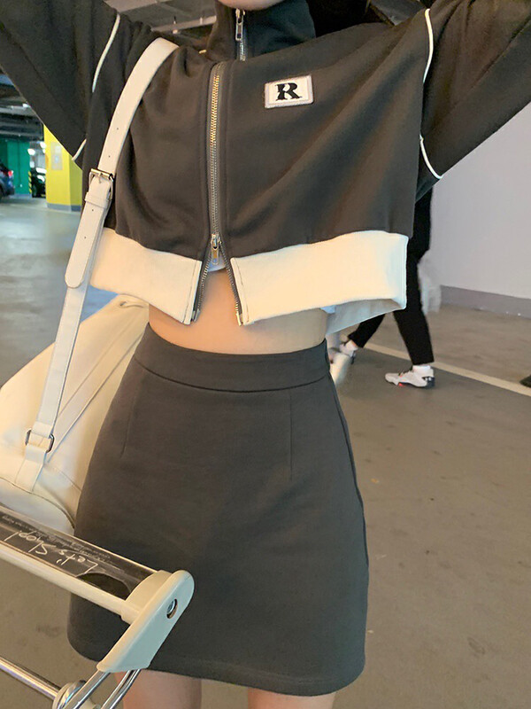 New in autumn!【X·H STUDIO】Sports and casual zipper jacket + A-line skirt suit 03339# OZQ