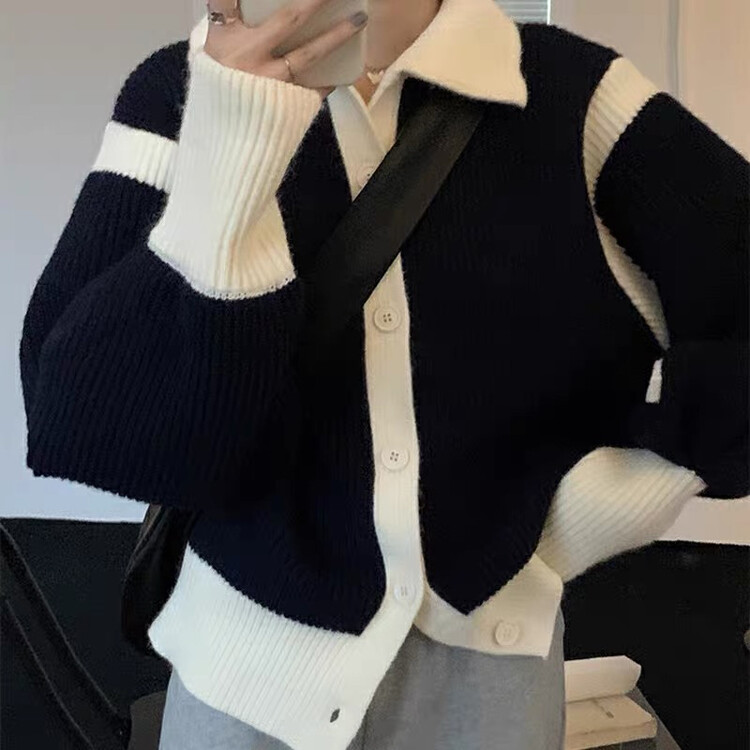 【Huaxi】Single-breasted comfortable knitted sweater with contrasting color buttons 1095# PCZ