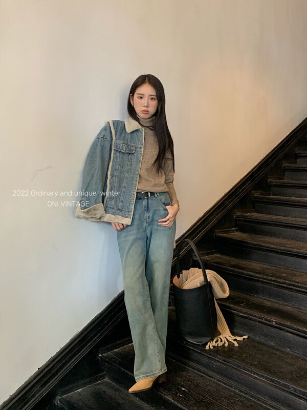 Original price 98.99! [ONIVINTAGE] Three-color selection Korean version of thin and versatile fleece jeans OH228J6860