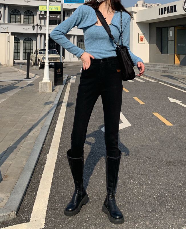 Original price 120.56! 【1980】Winter new thick velvet comfortable all-match elastic pencil pants jeans 2W63630-1