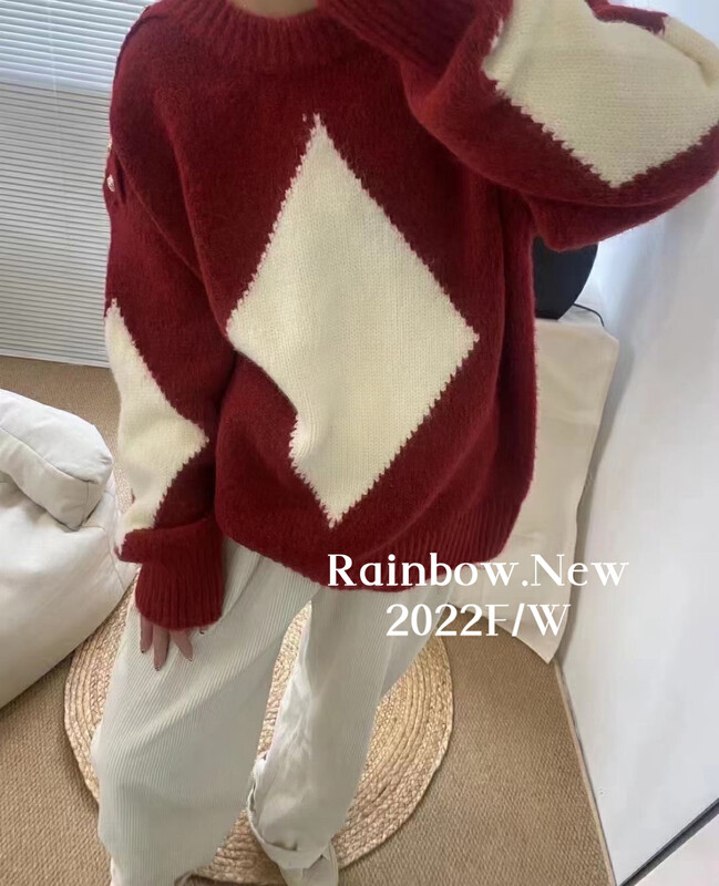 [RAINBOW] Lazy wind hit color soft waxy rhombus sweater loose New Year Christmas red style 997072