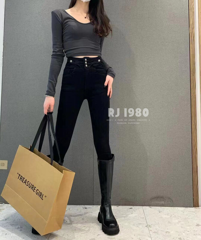 [1980] Explosive style replenishment Wang fleece jeans design sense waist pants 30811