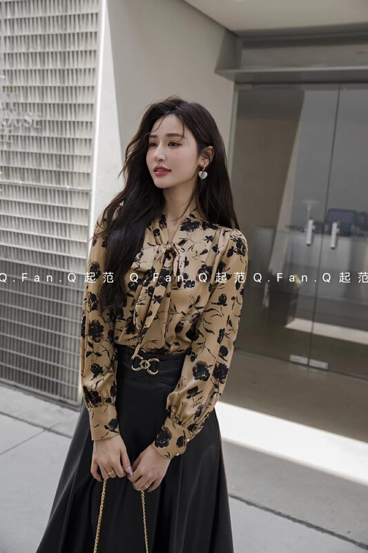 [Qifan] Elegant retro printed ribbon knitwear F80356# JHY