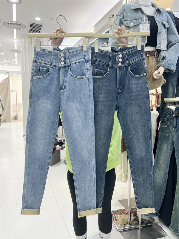 【U.SHE】High waist slimming all-match fleece jeans 11123# JJ