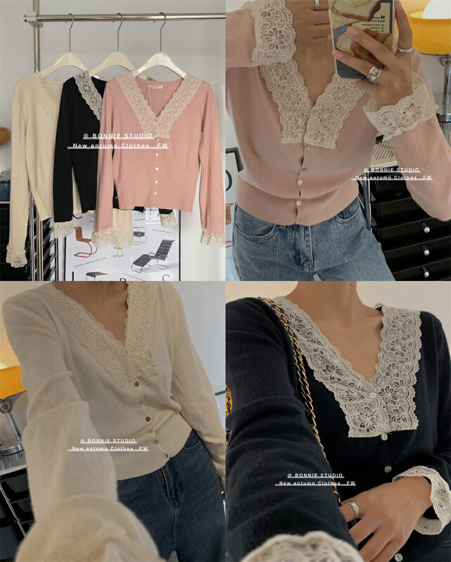 [BONNIE] Temperament little woman lace V-neck sweater 2691# XJ