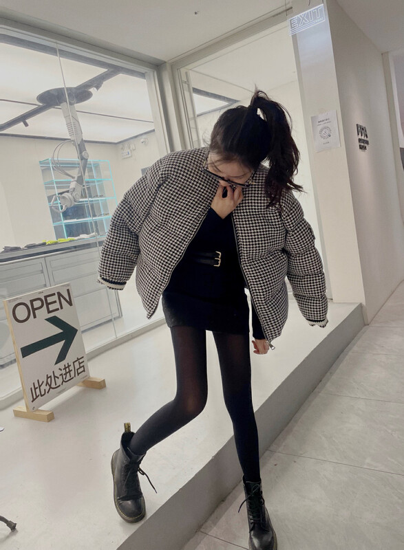 【X·H STUDIO】houndstooth small incense thick bread warm padded jacket 02733# OZQ