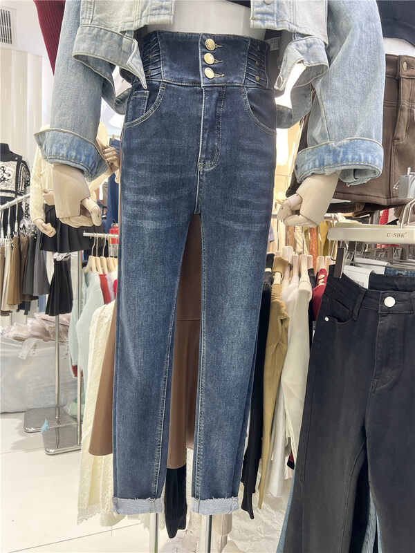 【U.SHE】High Waist Small Feet Fleece Jeans 88092# JJ