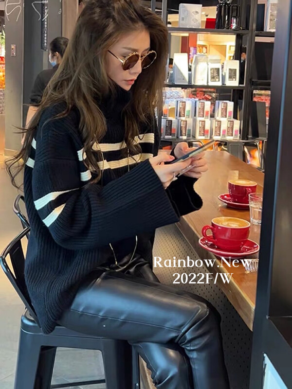 【RAINBOW】Lazy style black turtleneck sweater women's sweater hot style high-end soft waxy knitted upper 325-1