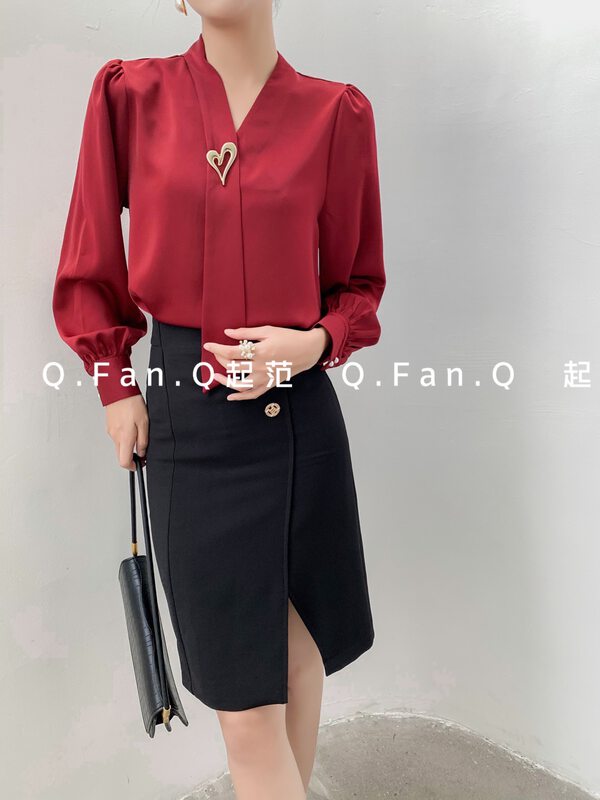 [Qifan] Comfortable classic all-match shirt (with detachable brooch) 7617# XBL