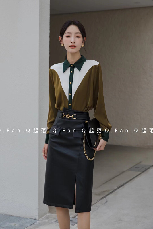 [Qi Fan] high-quality leather features irregular waist simple commuting all-match skirt 8752# JHY