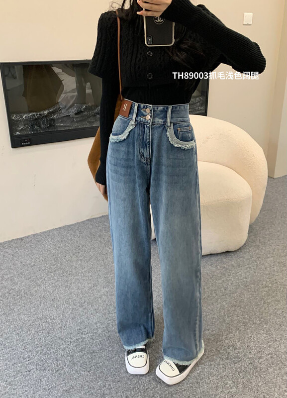 【T.H】Korean style western style loose fleece casual wide leg jeans 89003# LSW