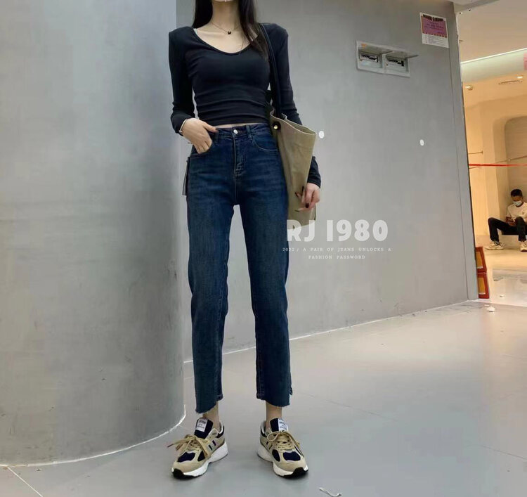 [1980] Explosive style scratched irregular trousers jeans stretch slim cigarette pants 65525