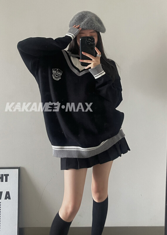 [KAKAMEE] polo collar sweater lazy college style loose striped sweater fake two pieces 1979