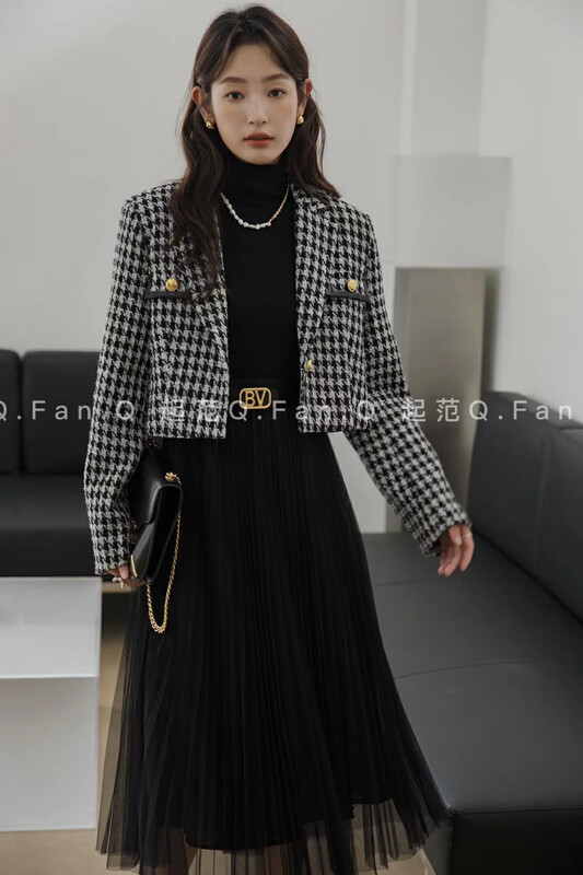 【Qi Fan】French tweed houndstooth short coat F80392# JHY