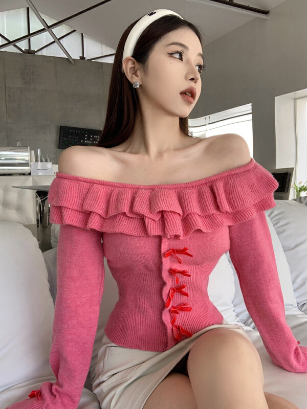 【X·H STUDIO】Short knitted sweater with ruffles 60123# OZQ