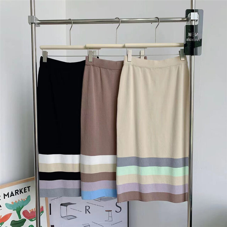 【BONNIE】High Waist Rainbow Knit Skirt T2018# XJ