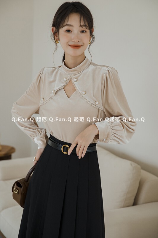 【Qi Fan】Golden velvet half-high collar women's design sense shirt 80322# JHY