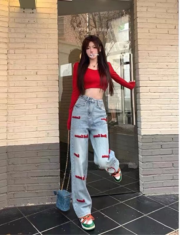 【U.SHE】Straight letter embroidered loose jeans 32558# JJ