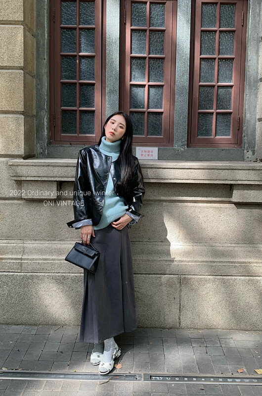 Original price 214.99! [ONIVINTAGE Ouni] textured leather flanging cuffs round neck jacket leather jacket UH226X6454