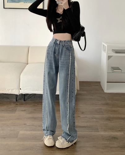 Real shot 2023 spring new high-waist wide-leg jeans women's retro loose raw edge straight-leg mopping pants