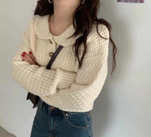 Korean chic autumn and winter age reduction college wind cute doll collar knitted cardigan loose long-sleeved sweater short coat female