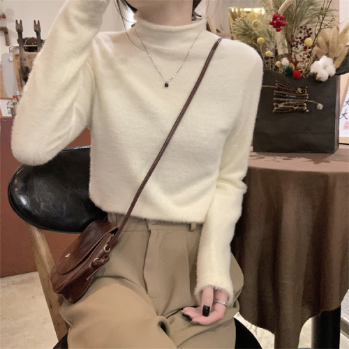Real price real shot imitation mink velvet half-high collar white sweater women's autumn and winter new thickened slim bottoming top
