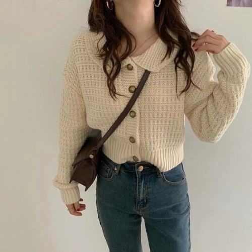Korean chic autumn and winter age reduction college wind cute doll collar knitted cardigan loose long-sleeved sweater short coat female