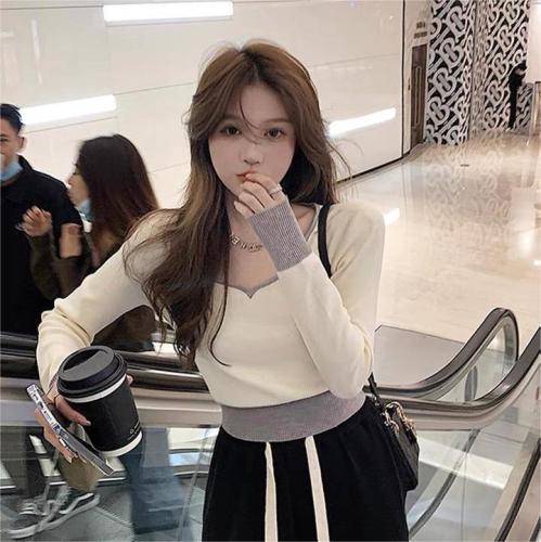 2023 Spring New Korean Style Fashion Sweater Casual V-neck Stitching Contrast Color Slim Long-sleeved Knitwear Tops Women
