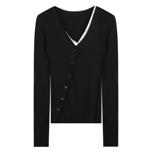Rack Cotton Design Sense False Two-Piece Slim Thin Top Women's Black V-Neck T-Shirt