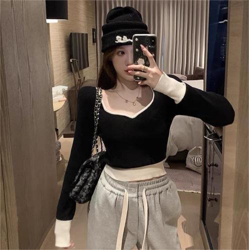 2023 Spring New Korean Style Fashion Sweater Casual V-neck Stitching Contrast Color Slim Long-sleeved Knitwear Tops Women