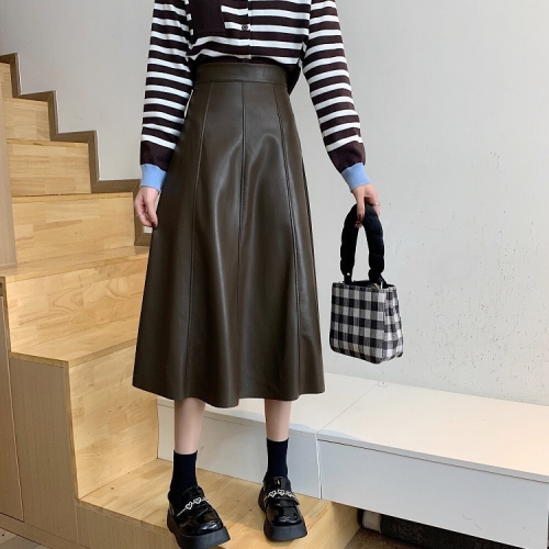 Mid-length PU leather skirt female autumn and winter Korean version  new high waist thin A-line skirt skirt big swing umbrella skirt