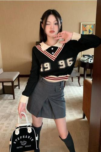 Real shot real price retro college lazy style short knit sweater long-sleeved top