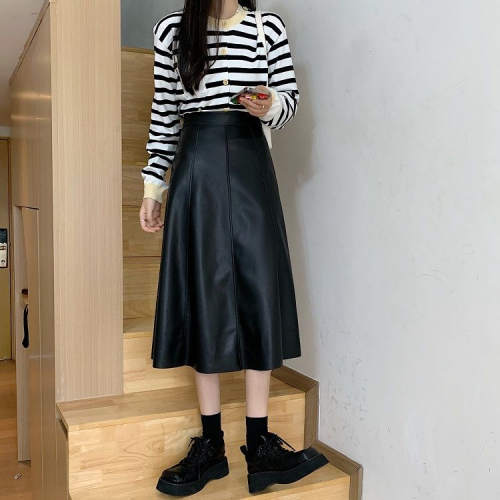 Mid-length PU leather skirt female autumn and winter Korean version  new high waist thin A-line skirt skirt big swing umbrella skirt