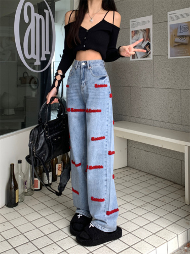 Real shot embroidered letter design feeling niche jeans women's autumn new high waist slim wide leg mopping trousers