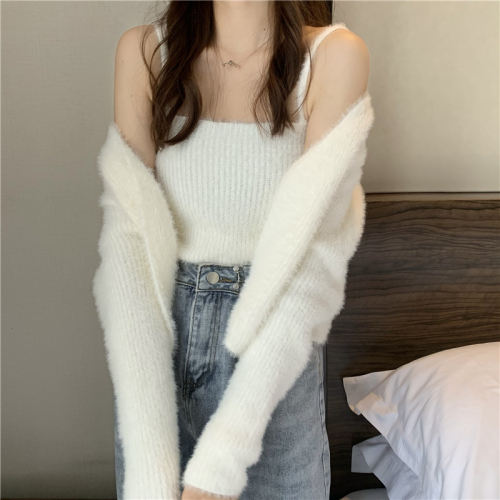 Real price~New foreign style soft waxy mink plush two-piece knitted sweater cardigan + plush suspenders