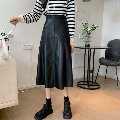 Mid-length PU leather skirt female autumn and winter Korean version  new high waist thin A-line skirt skirt big swing umbrella skirt