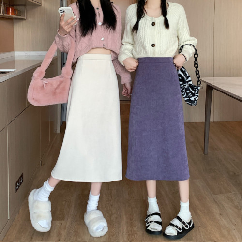 Corduroy skirt women plus velvet thick autumn and winter Korean version 2022 new high waist thin mid-length slit skirt
