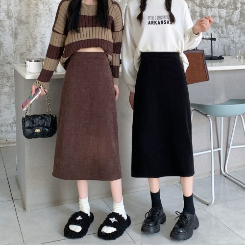 Corduroy skirt women plus velvet thick autumn and winter Korean version 2022 new high waist thin mid-length slit skirt