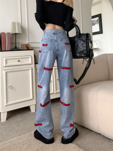 Real shot embroidered letter design feeling niche jeans women's autumn new high waist slim wide leg mopping trousers