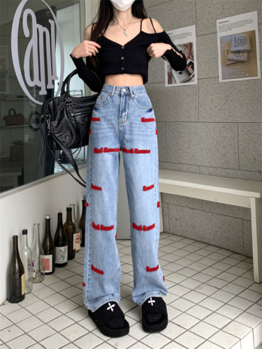 Real shot embroidered letter design feeling niche jeans women's autumn new high waist slim wide leg mopping trousers